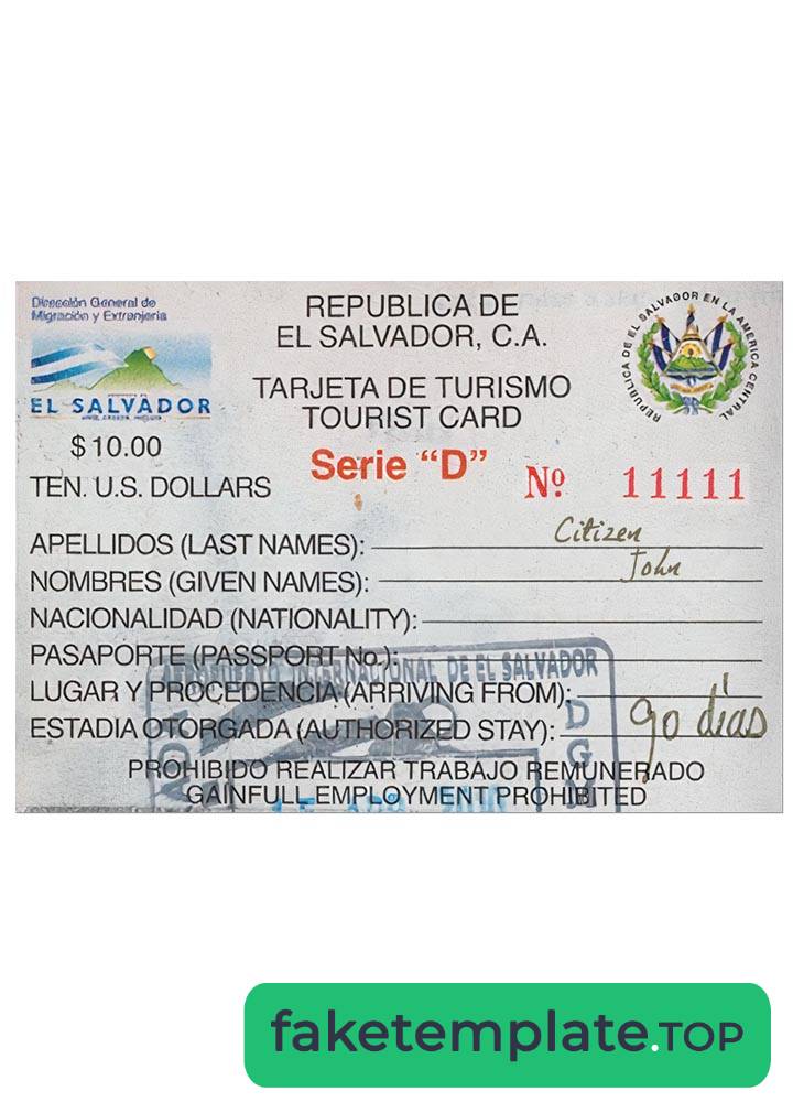 Feature of fake EL SALVADOR tourist card